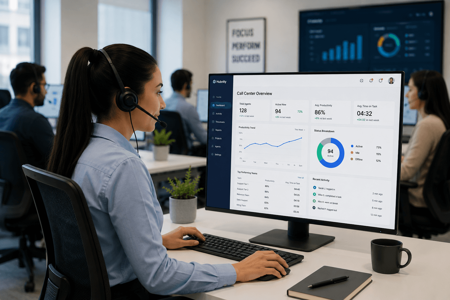 Call center managers reviewing agent performance and workforce analytics