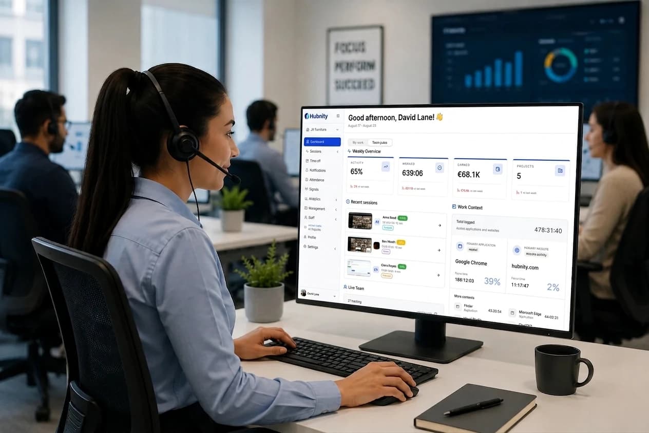 Call center agent reviewing Hubnity workforce dashboards