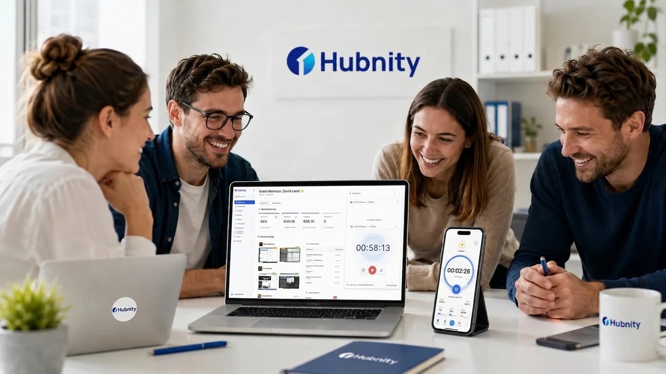 Coworkers reviewing Hubnity timers on a laptop and a phone