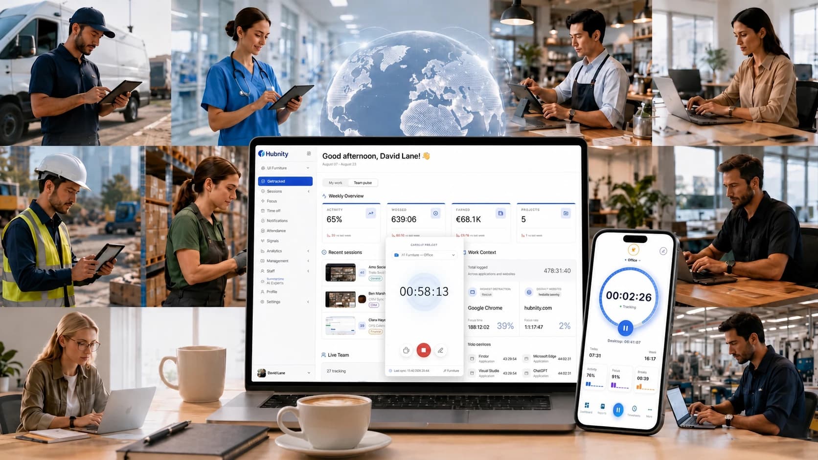 Hubnity connects field teams, office teams, and mobile time tracking in one workspace