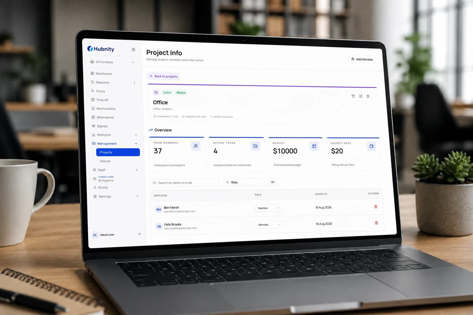 Hubnity project information dashboard on a laptop