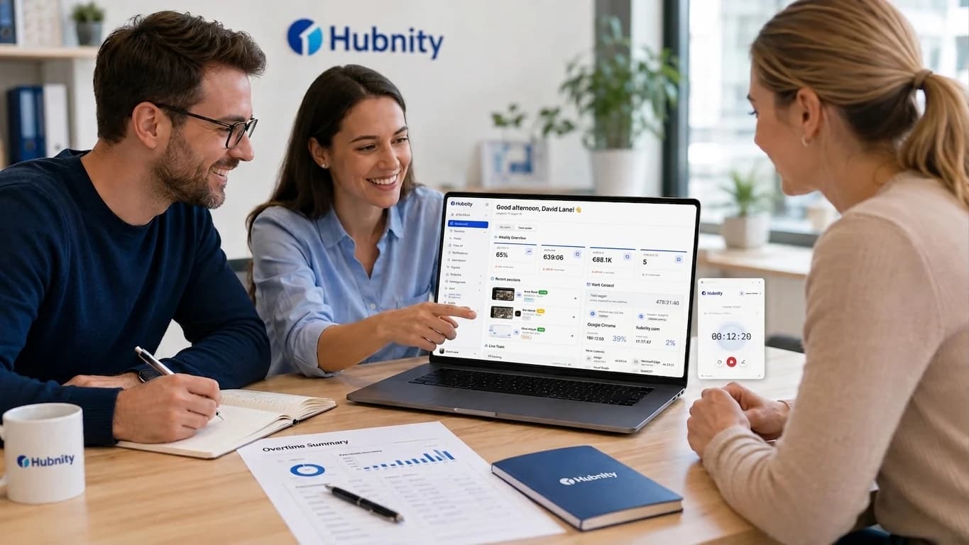 Team reviewing an overtime summary with Hubnity