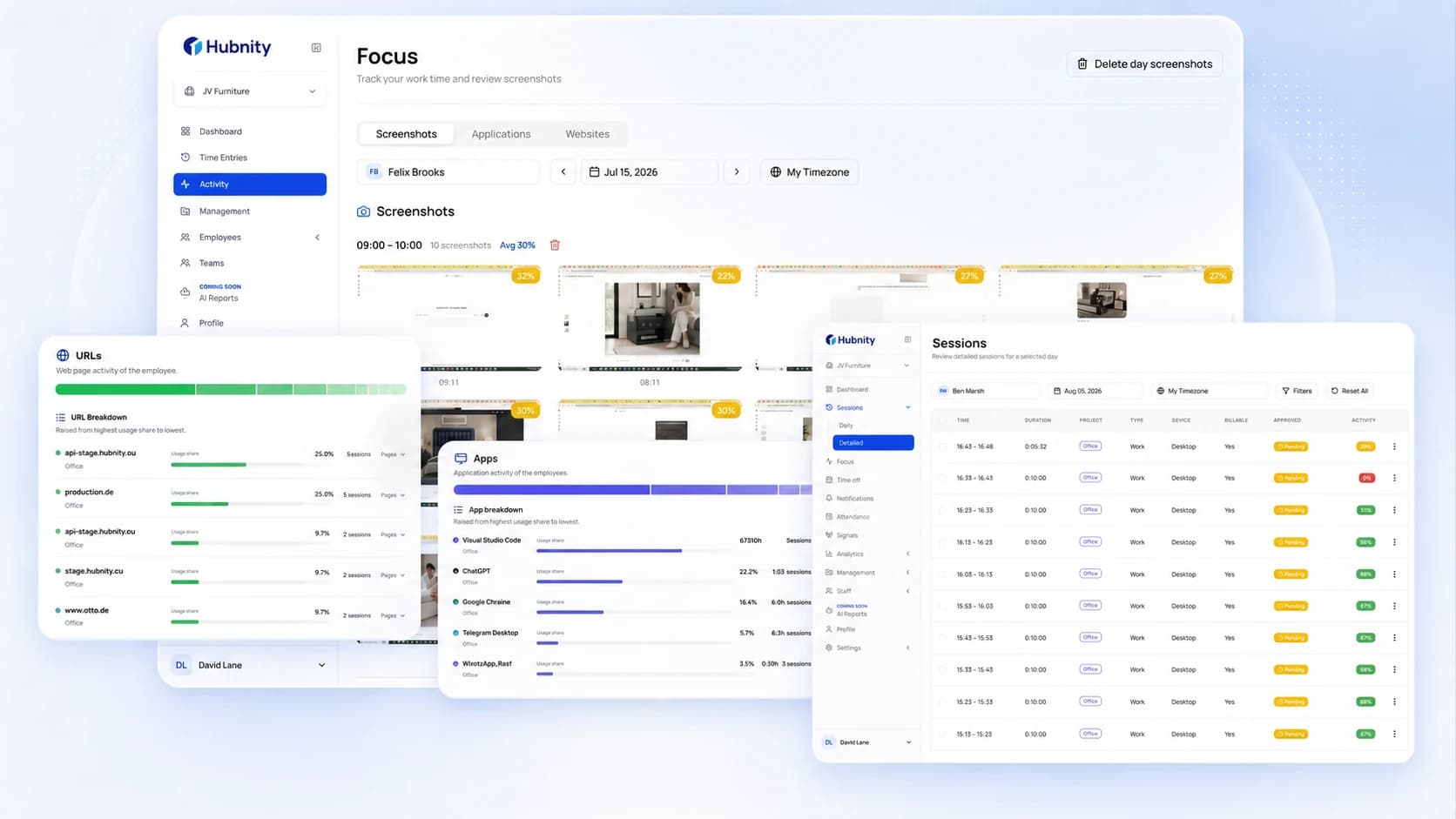 Hubnity activity and session views used for async updates