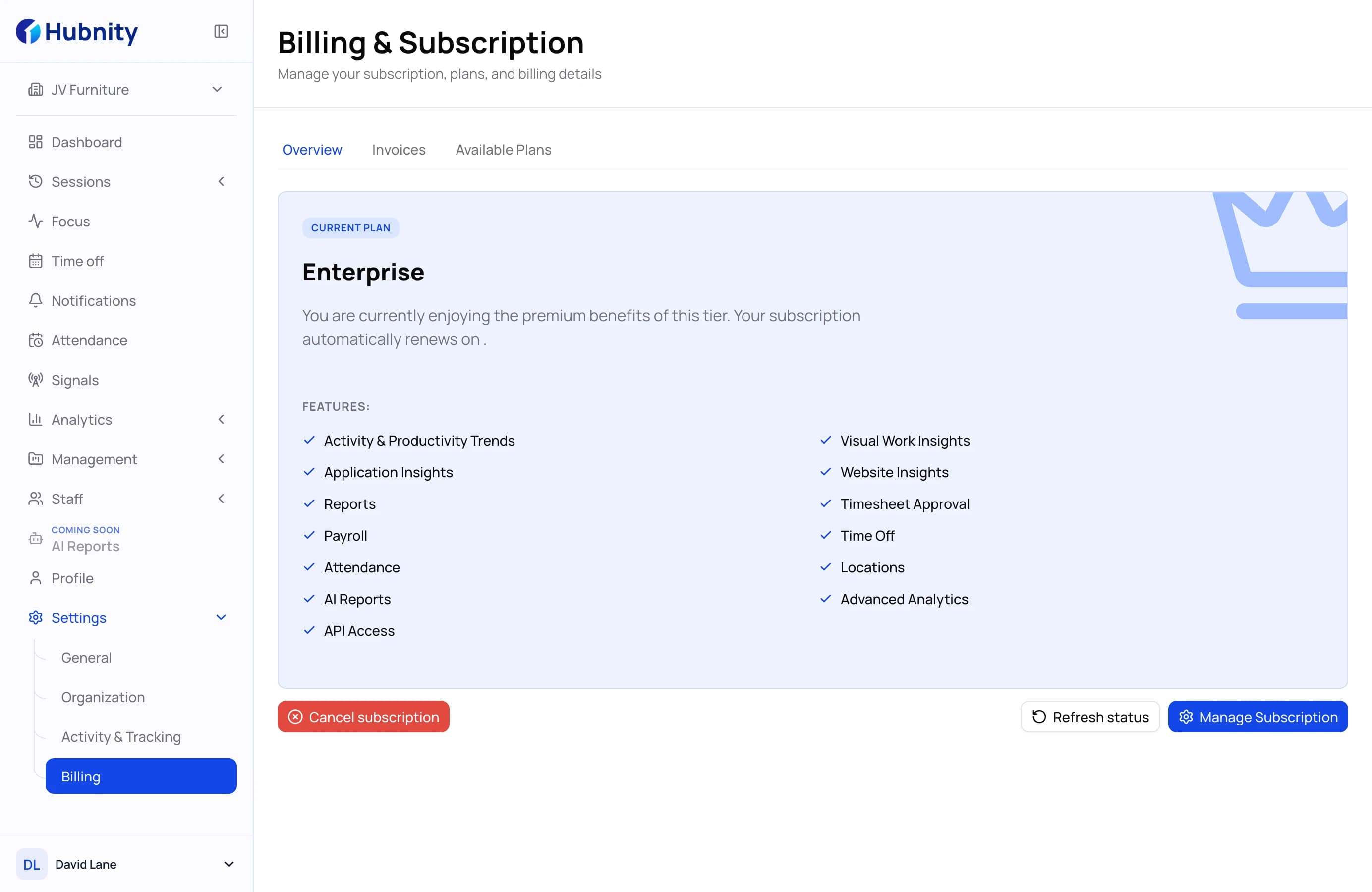 Hubnity billing and subscription screen with the plan's features