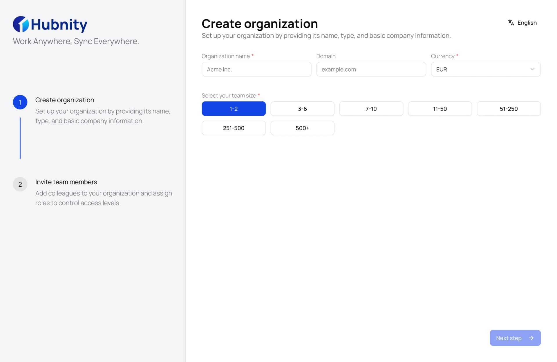 Hubnity organization setup and tracking settings screen