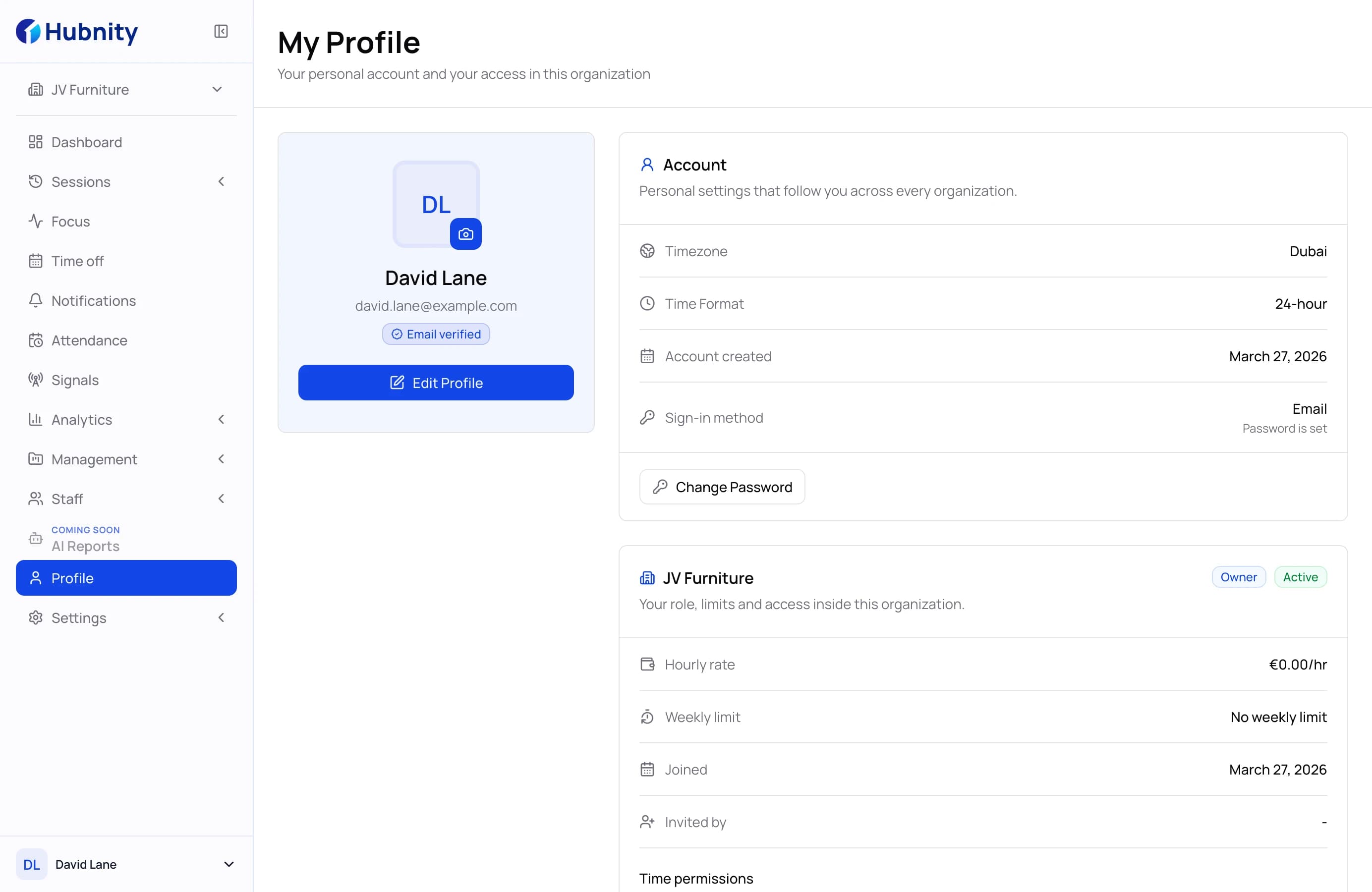 Hubnity user profile and personalized productivity insights