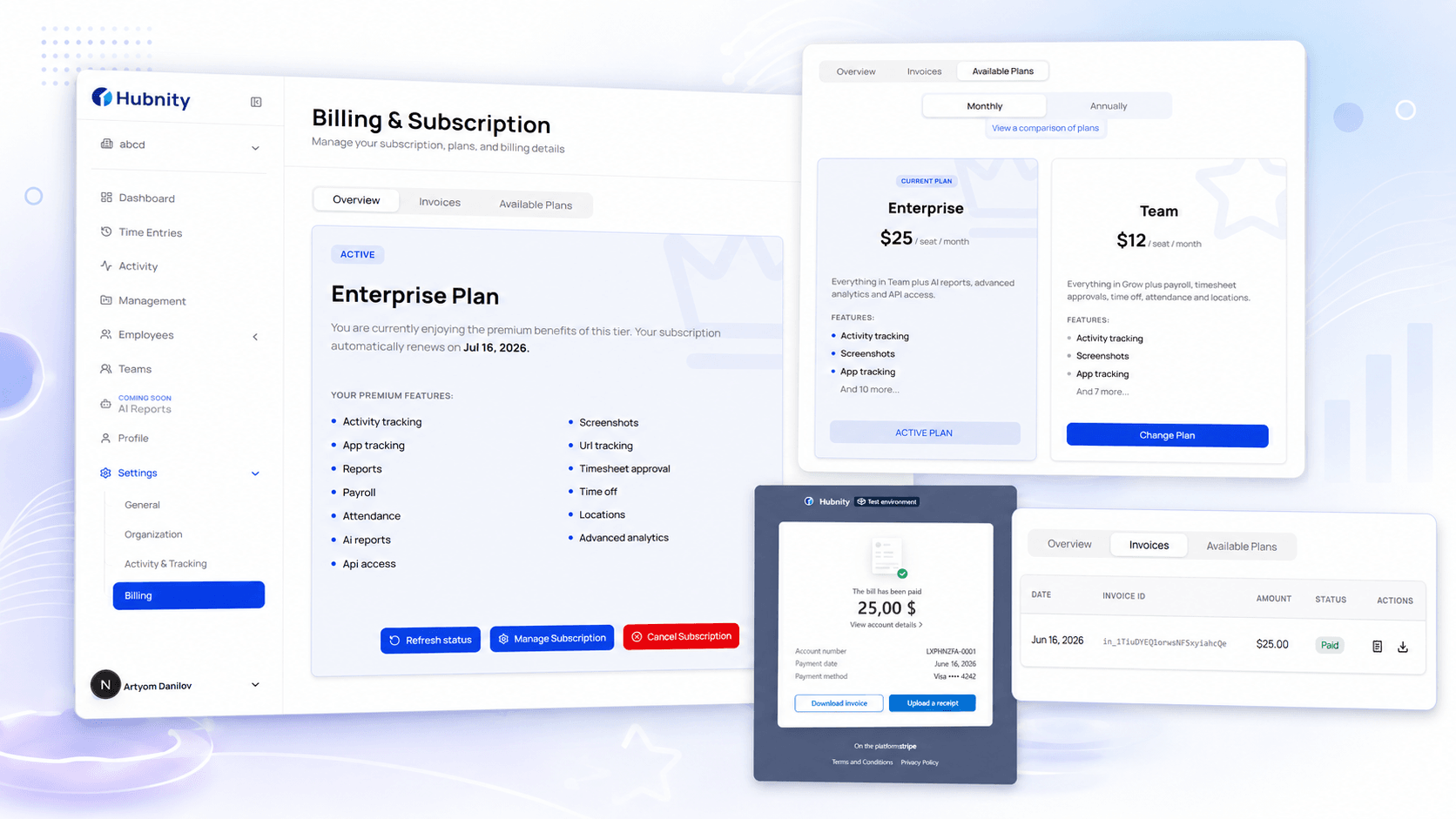 Hubnity time tracking dashboard