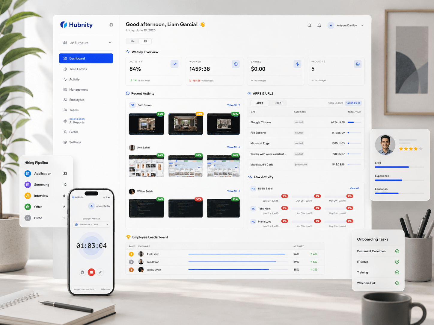 Hubnity dashboard overview with desktop and mobile work tracking context
