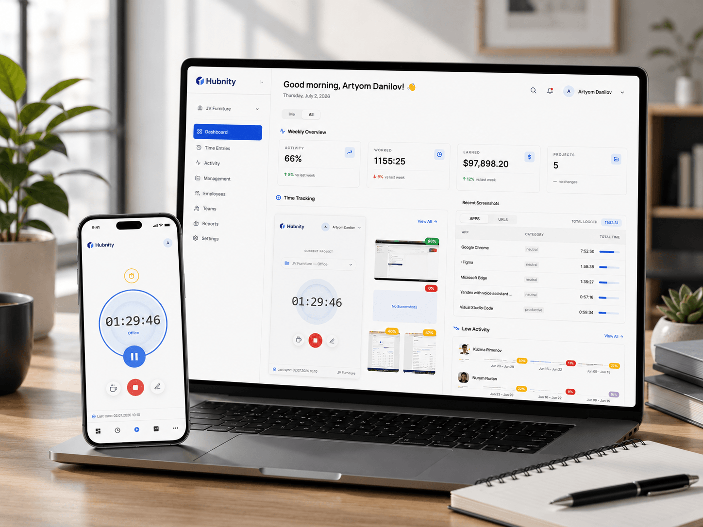 Hubnity desktop and mobile timer running on work devices