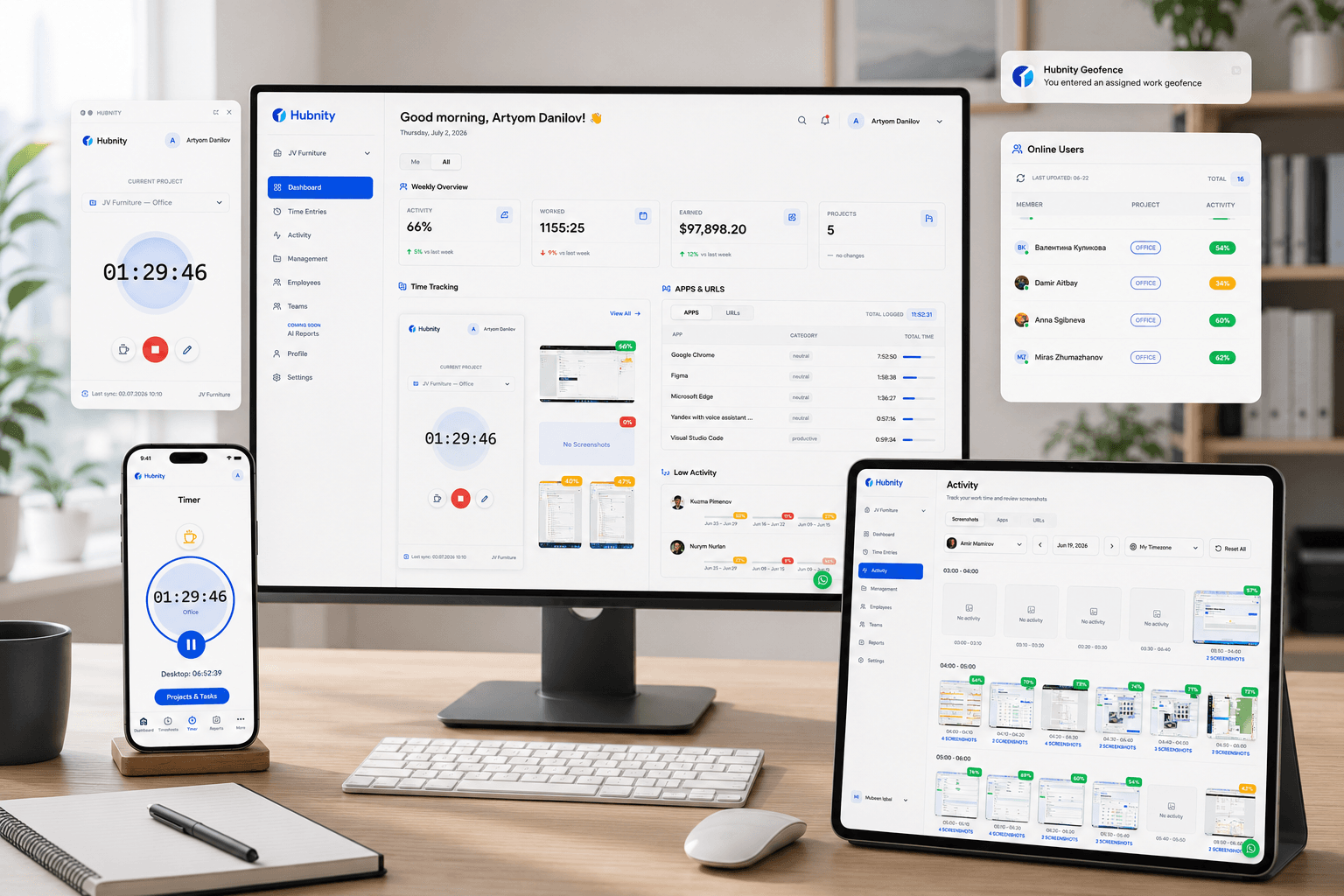 Hubnity work context with timer, geofence notification, online users, and screenshots