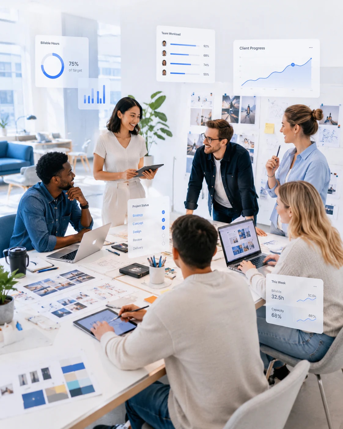 Design team managing creative projects, revision cycles, and delivery workflows