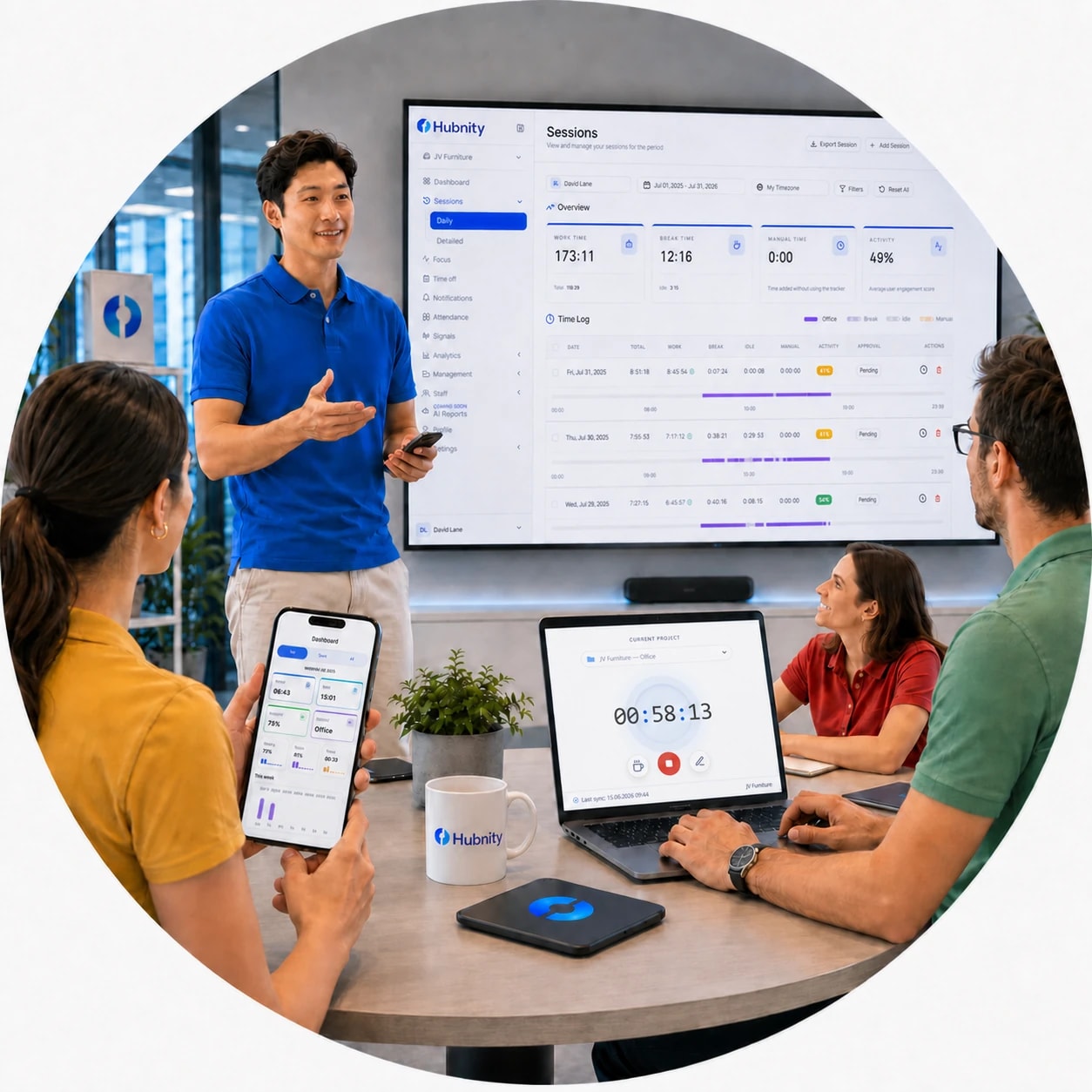 Hubnity team reviewing a session in a presentation