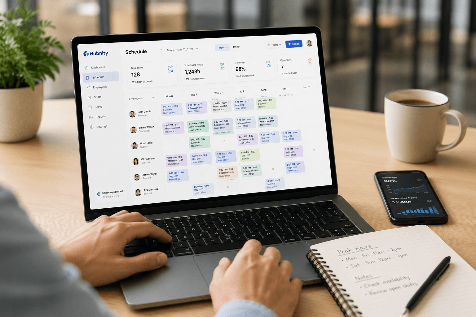 Operations manager reviewing staff schedules and shift coverage