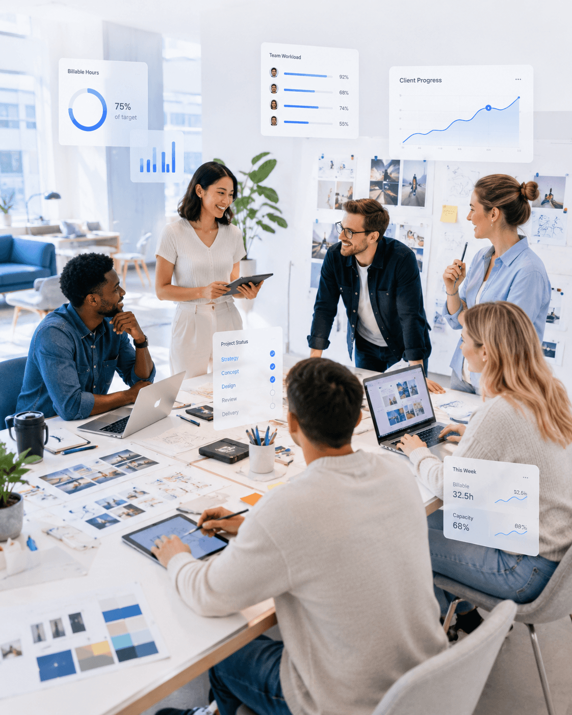Design team managing creative projects, revision cycles, and delivery workflows