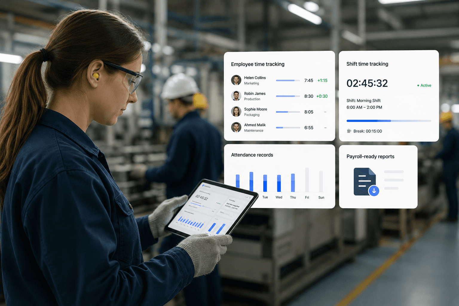 Manufacturing & Industry: Track production hours accurately