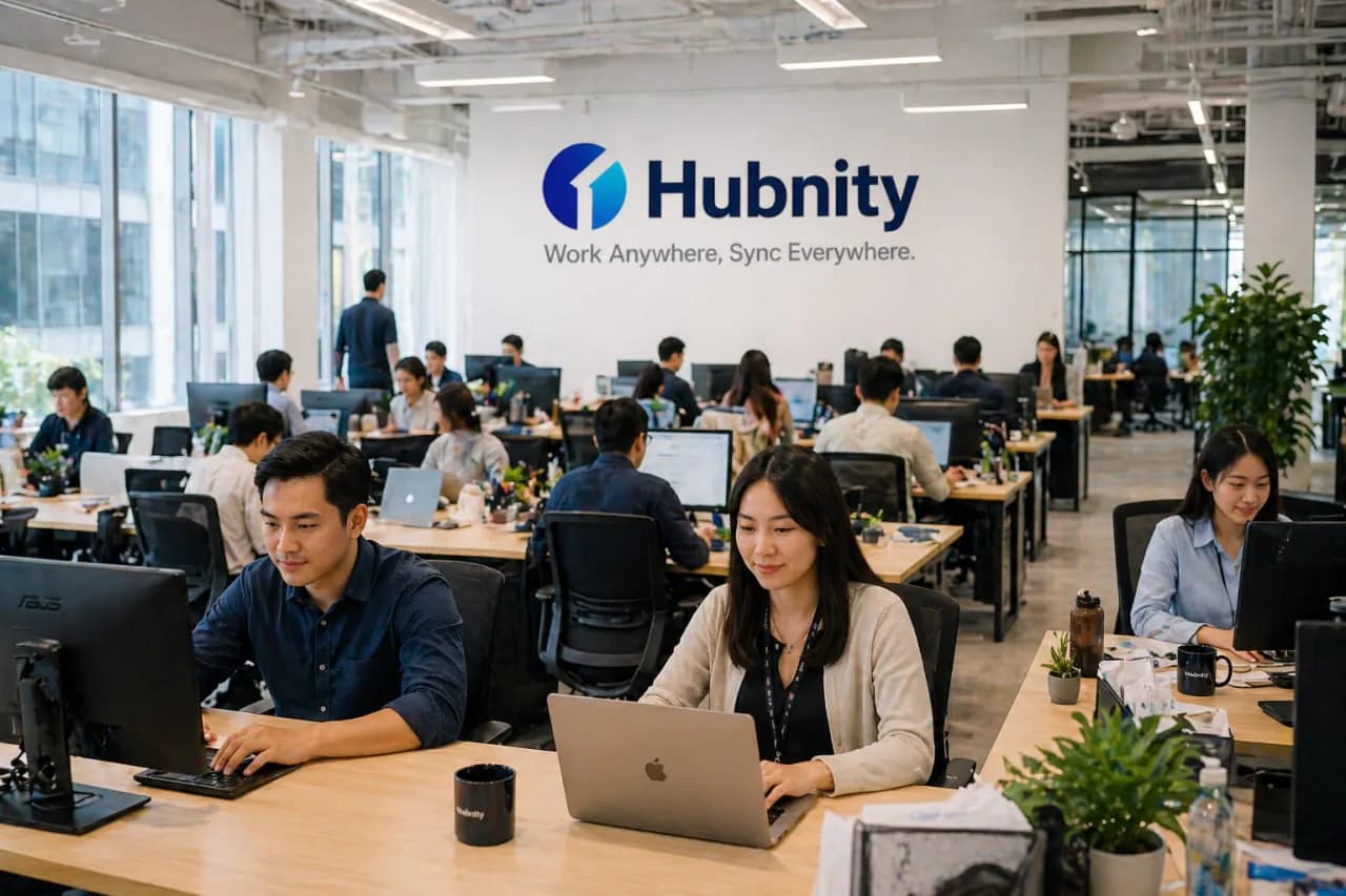 Delivery team working in a Hubnity-branded open-plan office