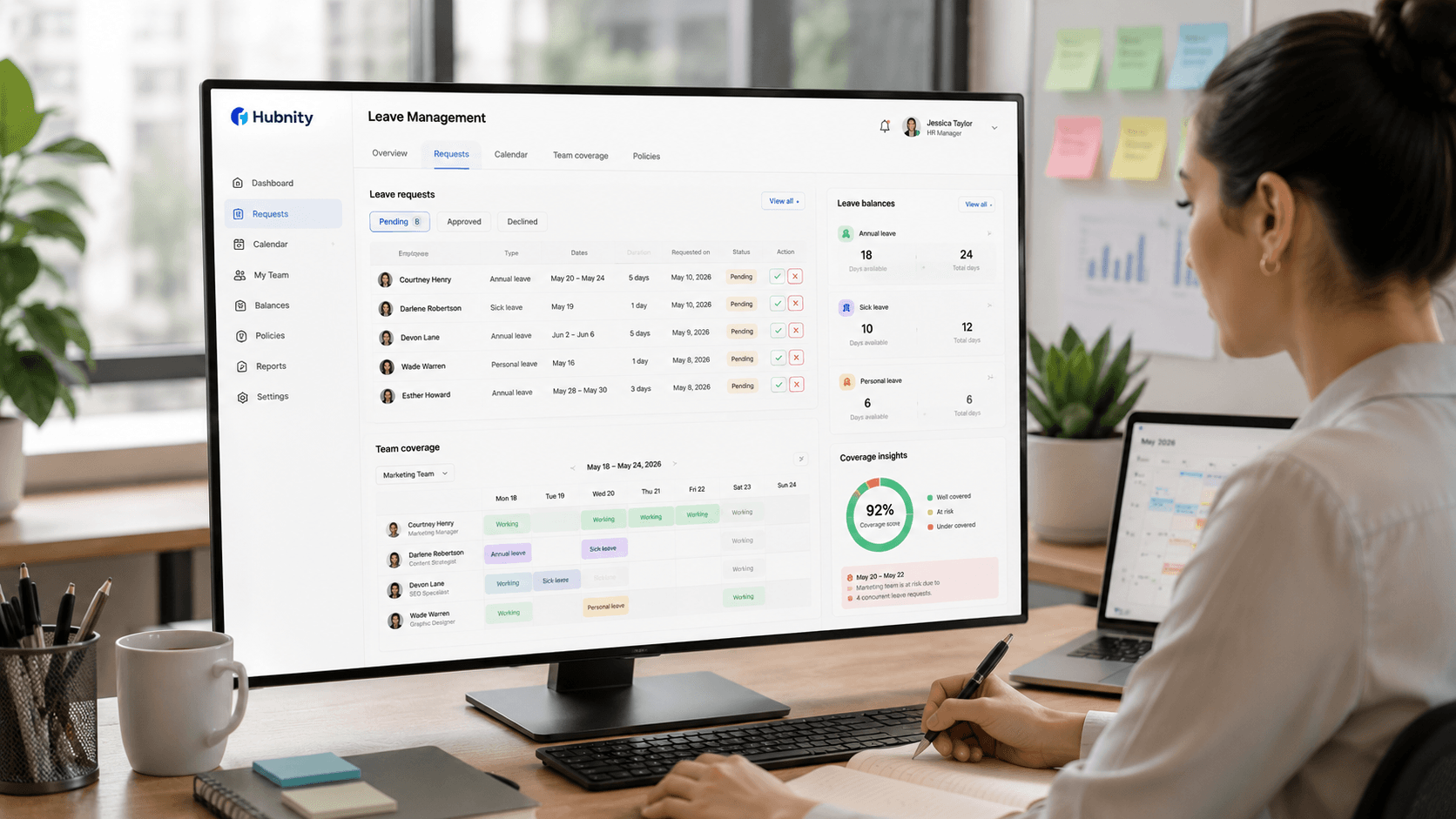Leave management dashboard with balances, approval queues, and team coverage insights