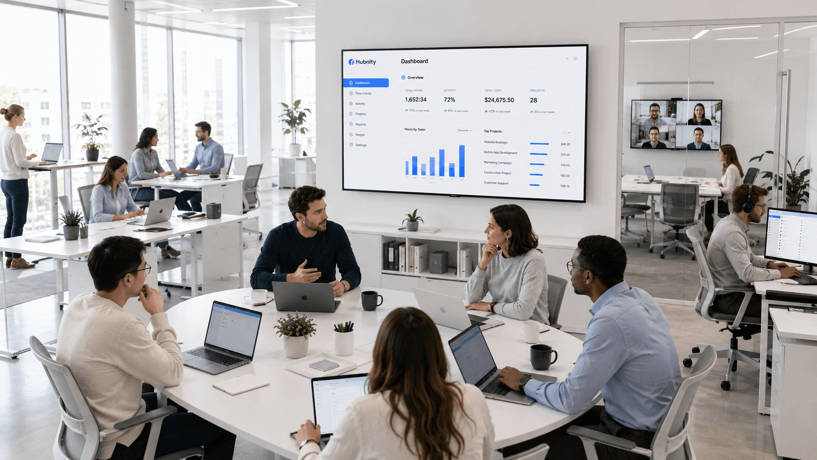 Team using Hubnity dashboards in a modern office